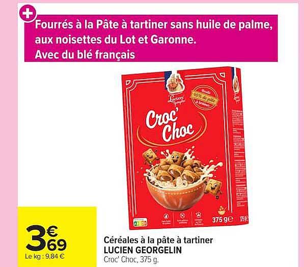 Céréales à la pâte à tartiner LUCIEN GEORGELIN Croc' Choc, 375 g.