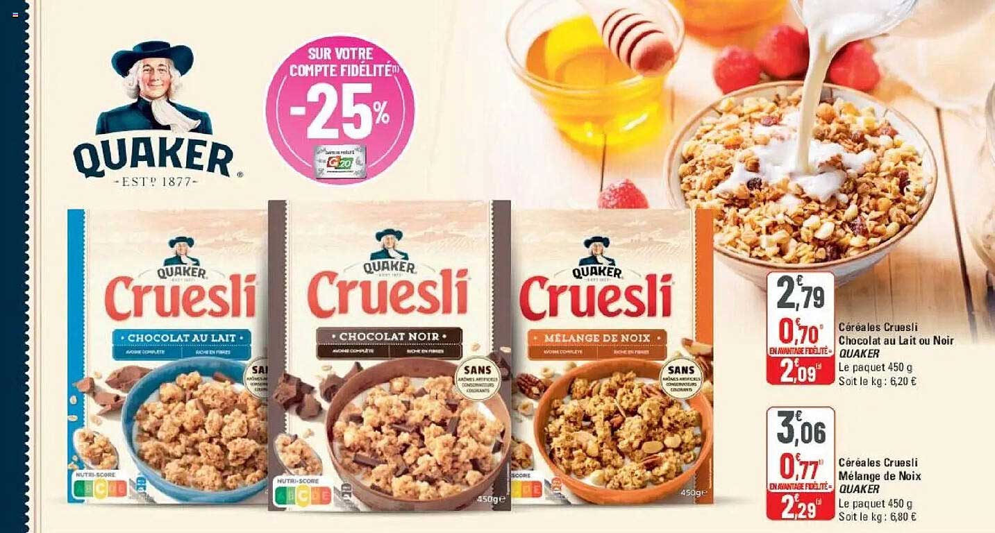 Céréales Cruesli Chocolat au Lait ou Noir QUAKER