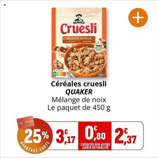 Céréales cruesli QUAKER Mélange de noix Le paquet de 450 g