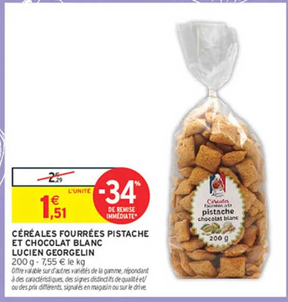 CÉRÉALES FOURRÉES PISTACHE ET CHOCOLAT BLANC LUCIEN GEORGELIN