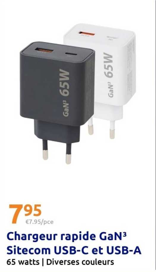 Chargeur rapide GaN³ Sitecom USB-C et USB-A