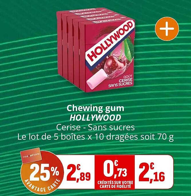 Chewing gum HOLLYWOOD Cerise - Sans sucres Le lot de 5 boîtes x 10 dragées soit 70 g