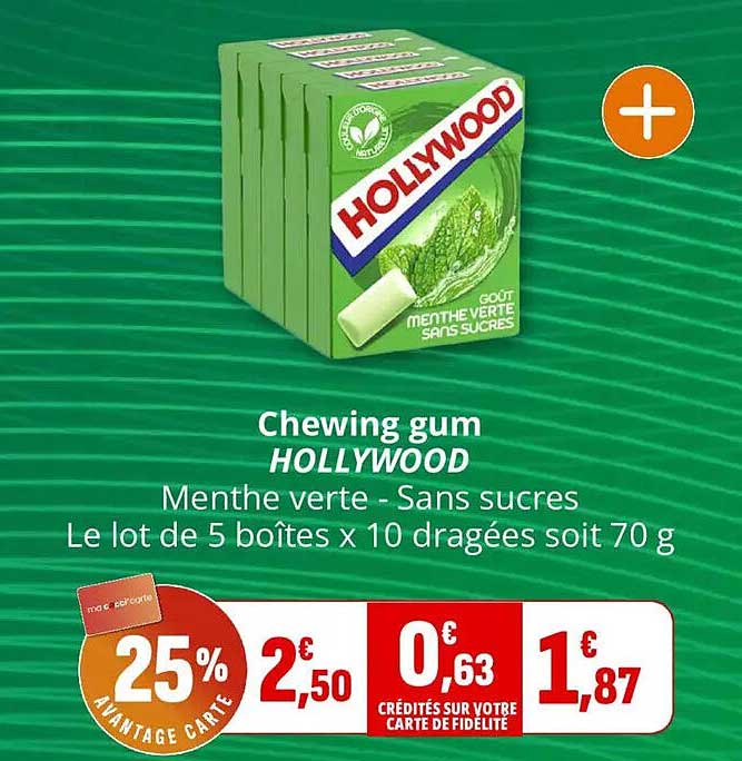 Chewing gum HOLLYWOOD Menthe verte - Sans sucres Le lot de 5 boîtes x 10 dragées soit 70 g