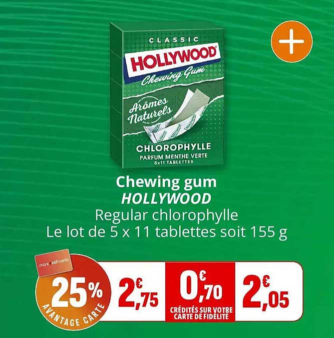 Chewing gum HOLLYWOOD Regular chlorophylle Le lot de 5 x 11 tablettes soit 155 g
