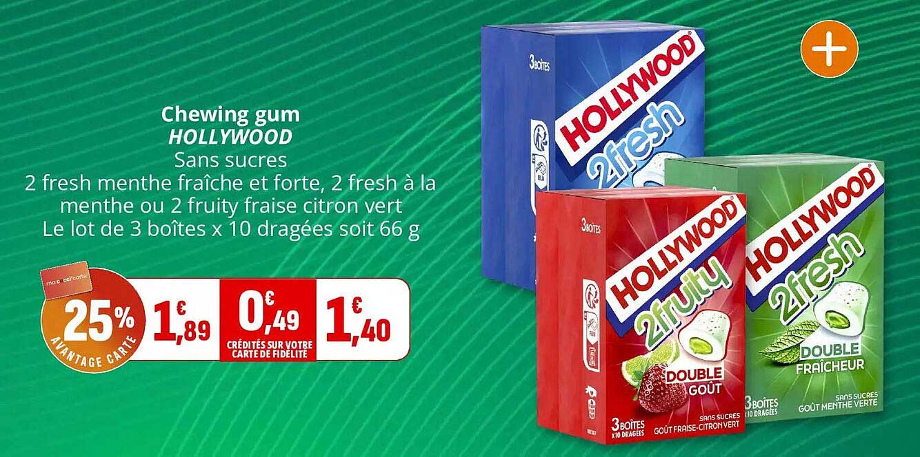 Chewing gum HOLLYWOOD Sans sucres 2 fresh menthe fraîche et forte, 2 fresh à la menthe ou 2 fruity fraise citron vert Le lot de 3 boîtes x 10 dragées soit 66 g