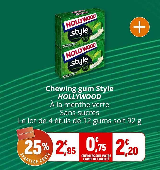 Chewing gum Style HOLLYWOOD À la menthe verte Sans sucres Le lot de 4 étuis de 12 gums soit 92 g