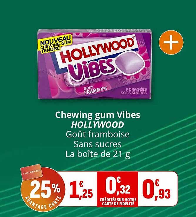 Chewing gum Vibes HOLLYWOOD Goût framboise Sans sucres La boîte de 21 g