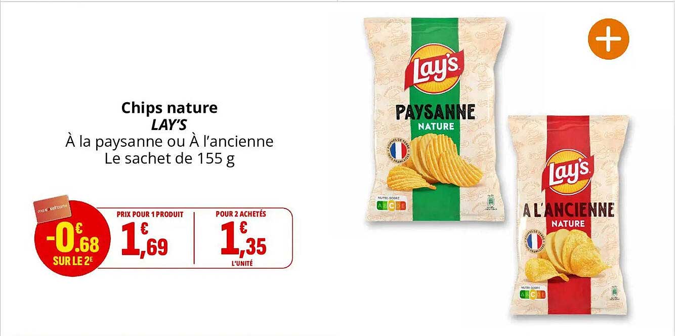 Chips nature LAY’S À la paysanne ou À l’ancienne Le sachet de 155 g