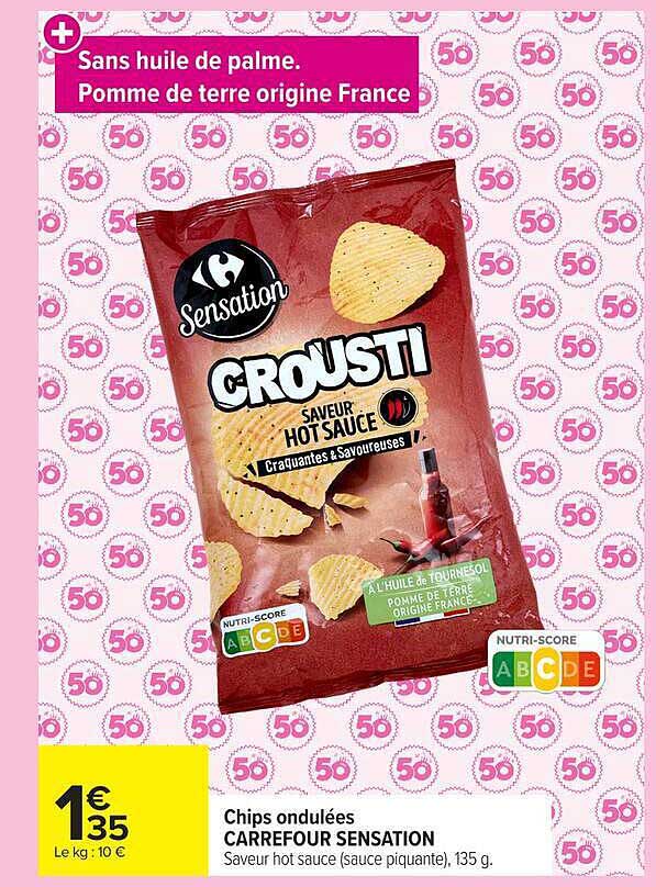 Chips ondulées CARREFOUR SENSATION Saveur hot sauce (sauce piquante), 135 g