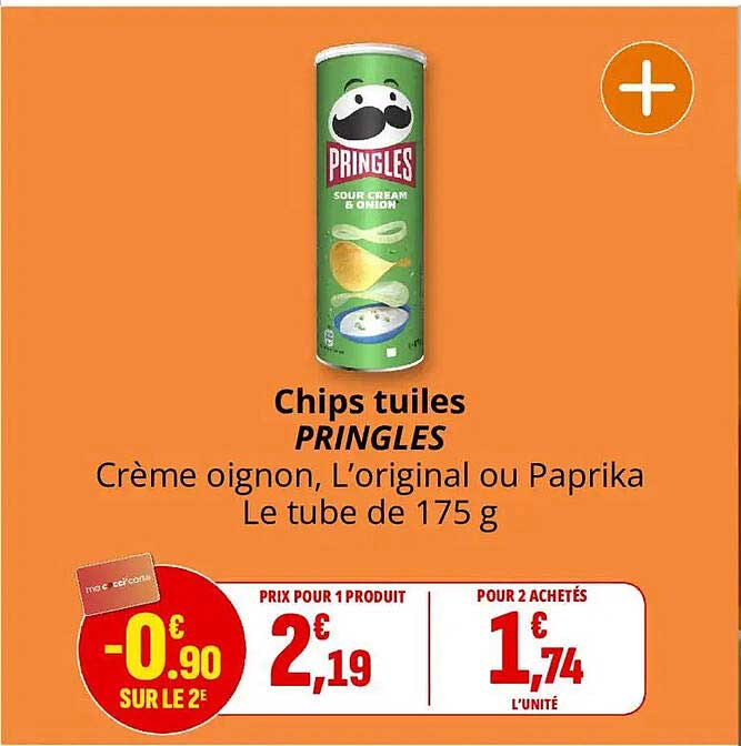 Chips tuiles PRINGLES Crème oignon, L’original ou Paprika Le tube de 175 g