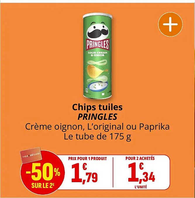 Chips tuiles PRINGLES Crème oignon, L’original ou Paprika Le tube de 175 g