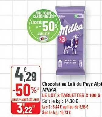 Chocolat au Lait du Pays Alpin MILKA LE LOT DE 3 TABLETTES X 100 G