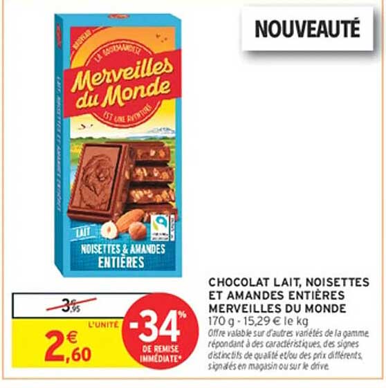 CHOCOLAT LAIT, NOISETTES ET AMANDES ENTIÈRES MERVEILLES DU MONDE 170 g