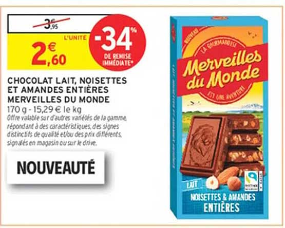 CHOCOLAT LAIT, NOISETTES ET AMANDES ENTIÈRES MERVEILLES DU MONDE