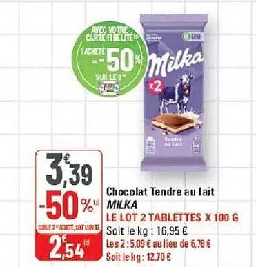 Chocolat Tendre au lait MILKA LE LOT 2 TABLETTES X 100 G