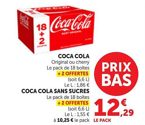 COCA COLA Original ou cherry Le pack de 18 boîtes + 2 OFFERTES