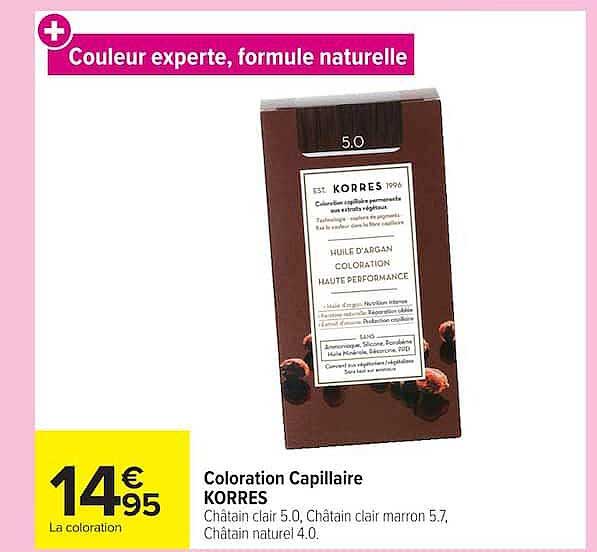 Coloration Capillaire KORRES Châtain clair 5.0, Châtain clair marron 5.7, Châtain naturel 4.0.