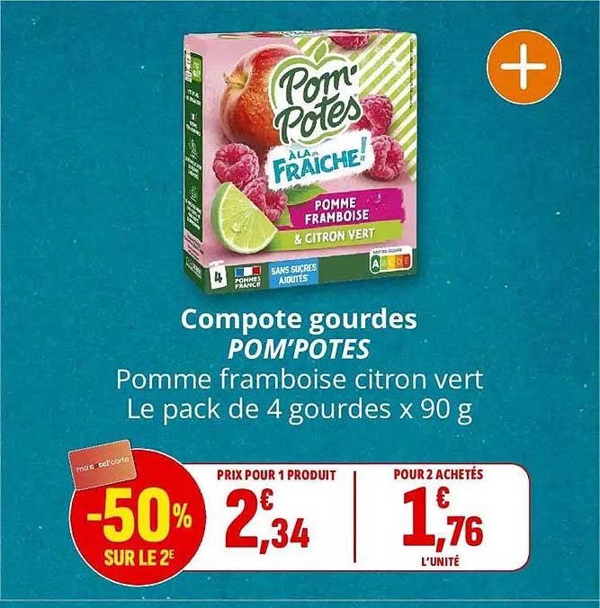 Compote gourde POM'POTES Pomme framboise citron vert Le pack de 4 gourdes x 90 g