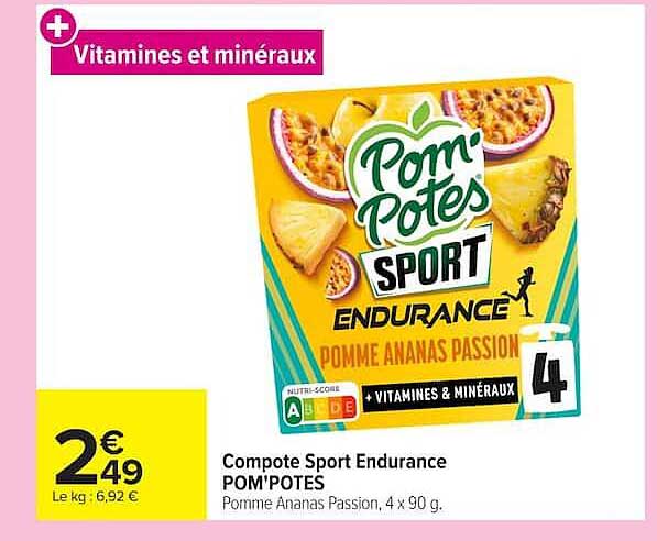 Compote Sport Endurance POM'POTES Pomme Ananas Passion, 4 x 90 g.