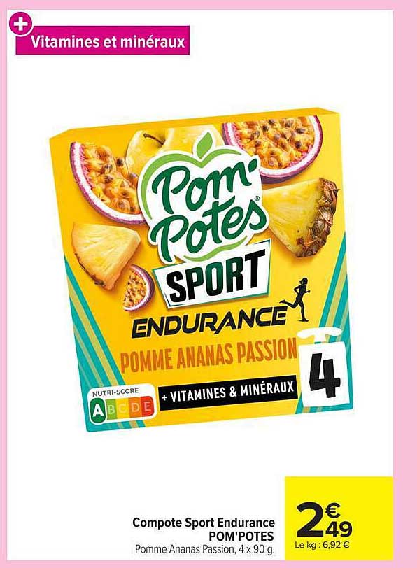 Compote Sport Endurance POM'POTES Pomme Ananas Passion, 4 x 90 g.