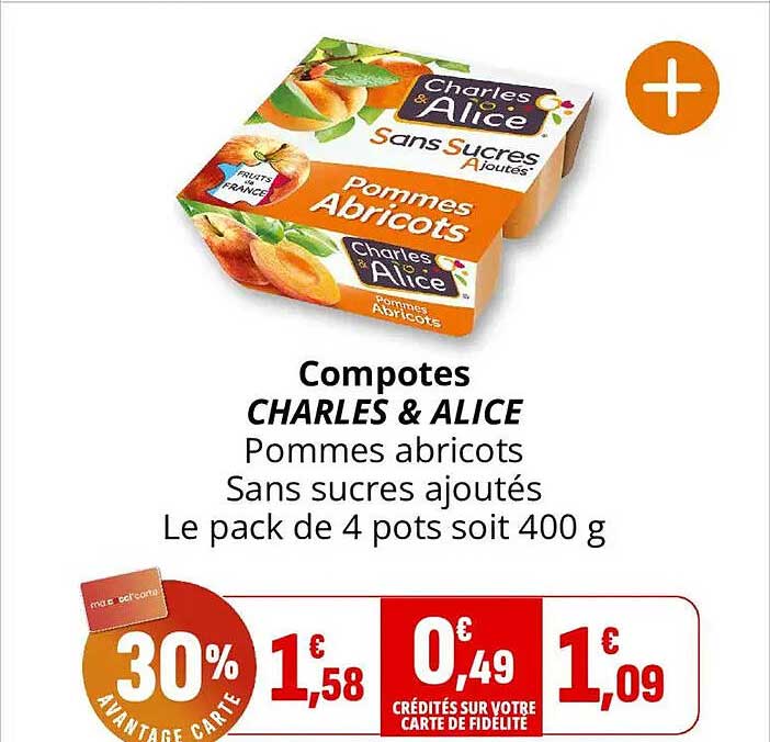 Compotes CHARLES & ALICE Pommes abricots Sans sucres ajoutés Le pack de 4 pots soit 400 g