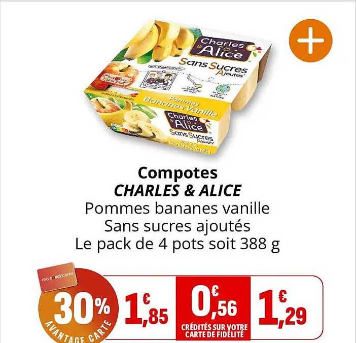 Compotes CHARLES & ALICE Pommes bananes vanille Sans sucres ajoutés Le pack de 4 pots soit 388 g