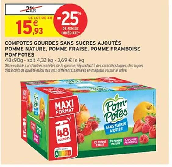 COMPOTES GOUDRES SANS SUCRES AJOUTÉS POMME NATURE, POMME FRAISE, POMME FRAMBOISE POM'POTES