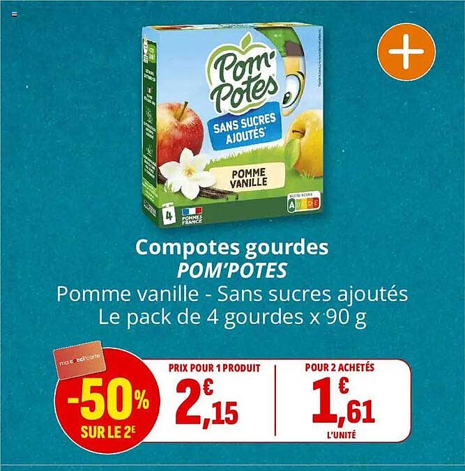 Compotes gourdes POM'POTES Pomme vanille - Sans sucres ajoutés Le pack de 4 gourdes x 90 g