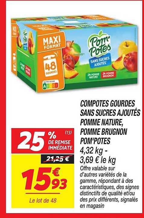 COMPOTES GOURDES SANS SUCRES AJOUTÉS POMME NATURE. POMME BRUGNON POM'POTES