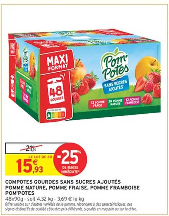 COMPOTES GOURDES SANS SUCRES AJOUTÉS POMME NATURE, POMME FRAISE, POMME FRAMBOISE POM'POTES