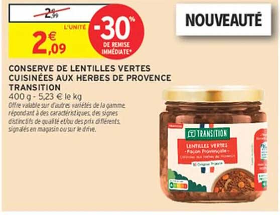 CONSERVE DE LENTILLES VERTES CUISINÉES AUX HERBES DE PROVENCE TRANSITION