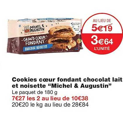 Cookies cœur fondant chocolat lait et noisette “Michel & Augustin”
