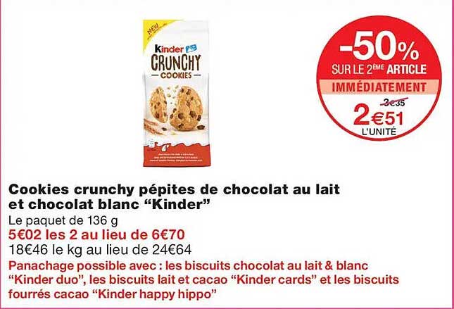 Cookies crunchy pépites de chocolat au lait et chocolat blanc “Kinder”