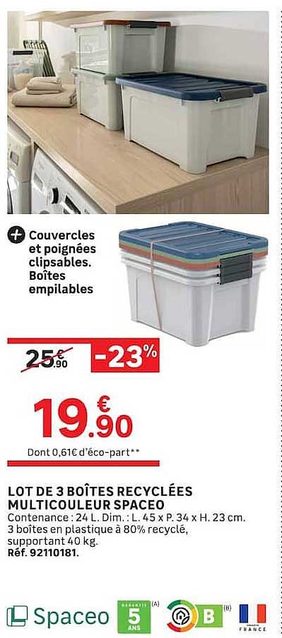 Couvercles et poignées clipsables. Boîtes empilables