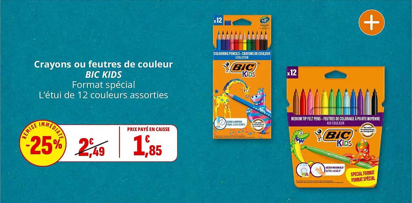 Crayons ou feutres de couleur BIC KIDS Format spécial L’étui de 12 couleurs assorties