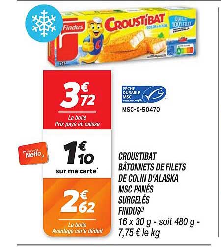 CROUSTIBAT BÂTONNETS DE FILETS DE COLIN D'ALASKA MSC PANÉS SURGELÉS FINDUS
