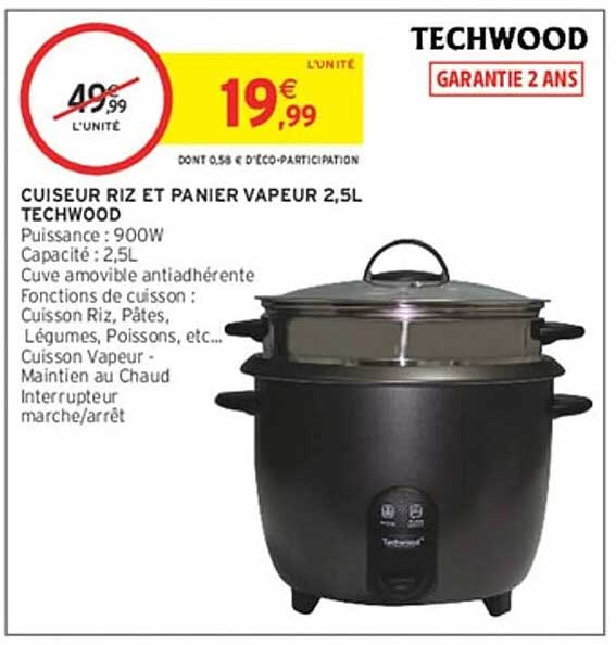 CUISEUR RIZ ET PANIER VAPEUR 2,5L TECHWOOD