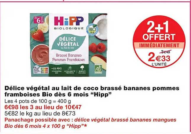 Délice végétal au lait de coco brassé bananes pommes framboises Bio dès 6 mois “Hipp”