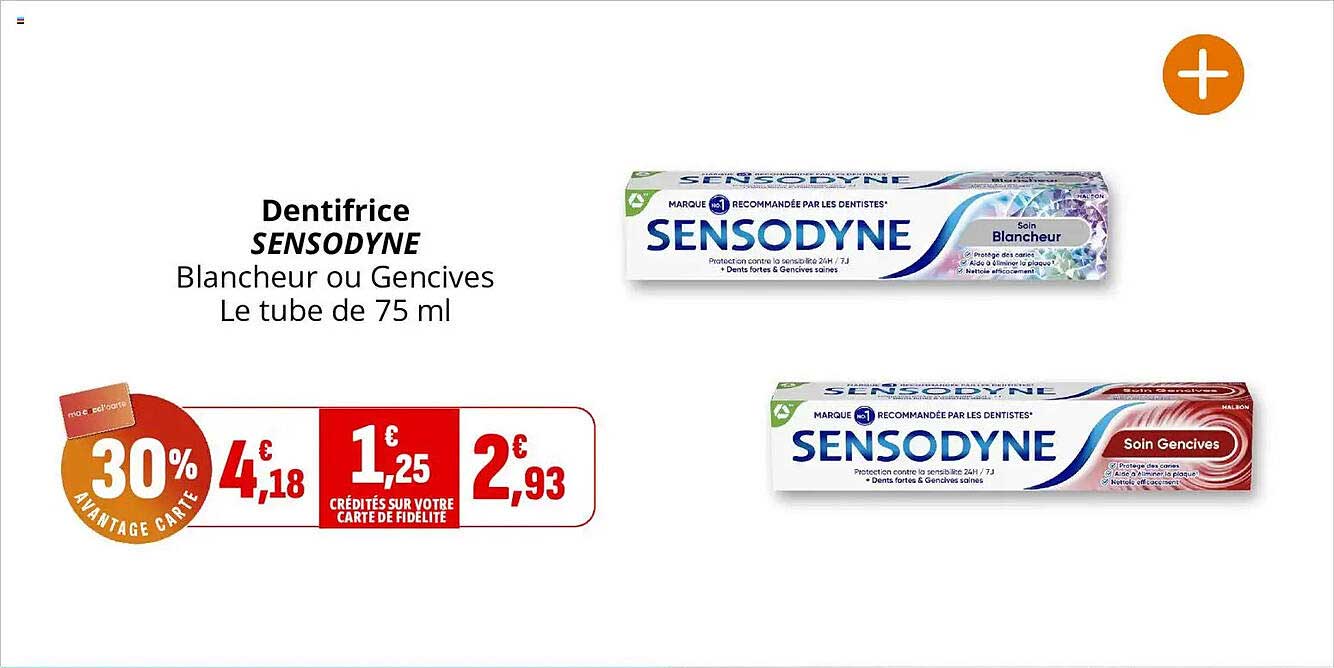 Dentifrice SENSODYNE Blancheur ou Gencives Le tube de 75 ml