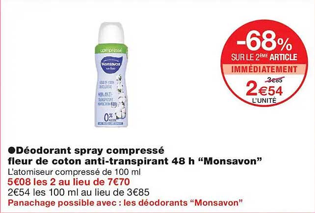 Déodorant spray compressé fleur de coton anti-transpirant 48 h “Monsavon”