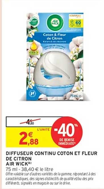 DIFFUSEUR CONTINU COTON ET FLEUR DE CITRON AIR WICK®