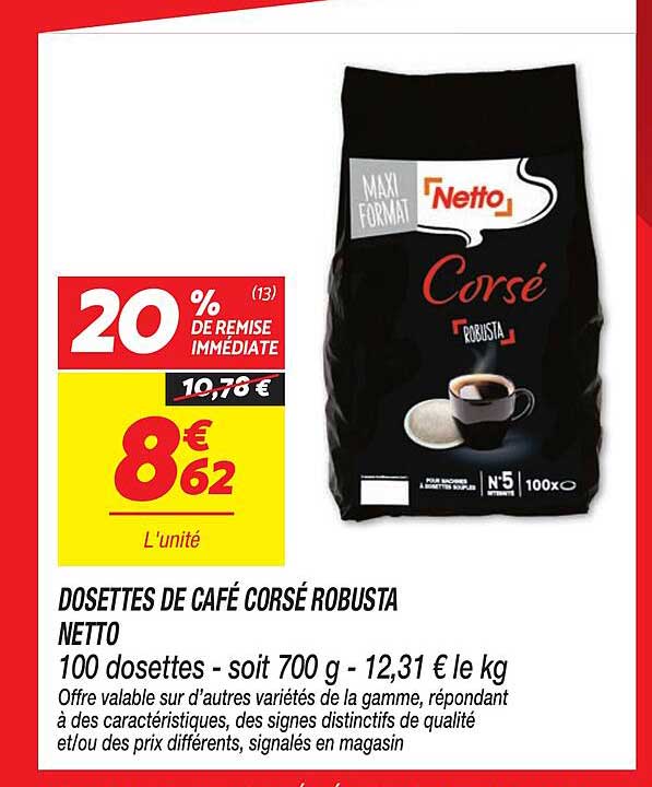 DOSETTES DE CAFÉ CORSÉ ROBUSTA NETTO