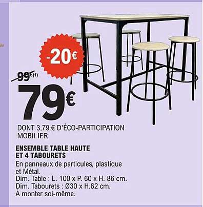 ENSEMBLE TABLE HAUTE ET 4 TABOURETS
