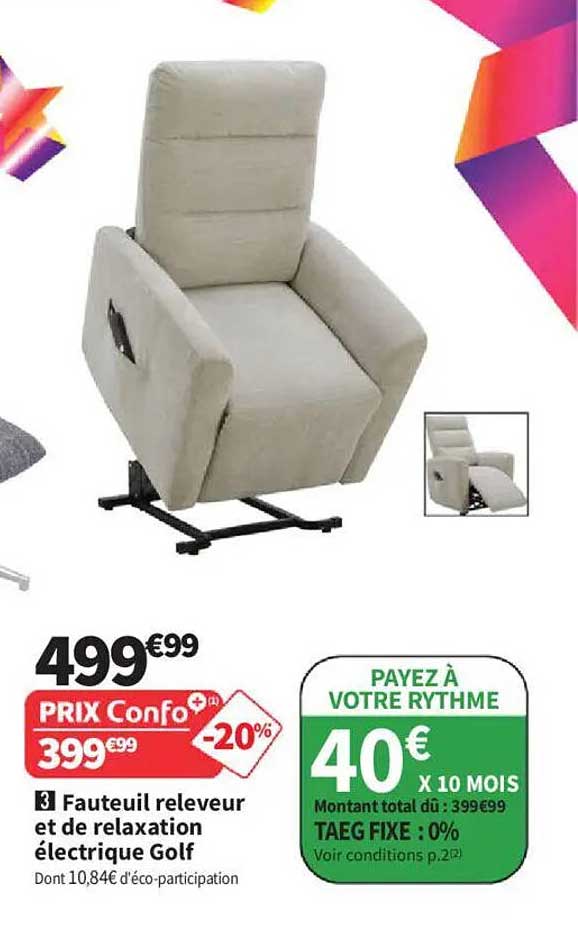 Fauteuil releveur et de relaxation électrique Golf