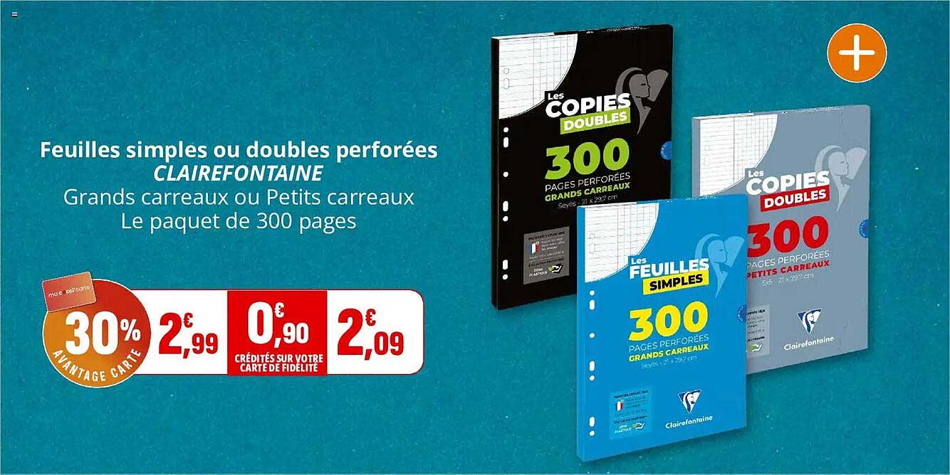 Feuilles simples ou doubles perforées CLAIREFONTAINE Grands carreaux ou Petits carreaux Le paquet de 300 pages