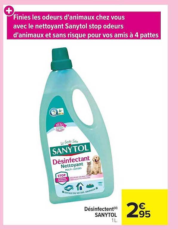 Finies les odeurs d'animaux chez vous avec le nettoyant Sanytol stop odeurs d'animaux et sans risque pour vos amis à 4 pattes