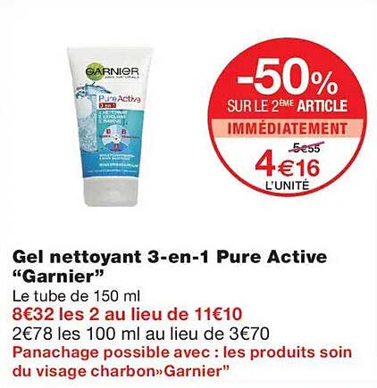 Gel nettoyant 3-en-1 Pure Active “Garnier”
