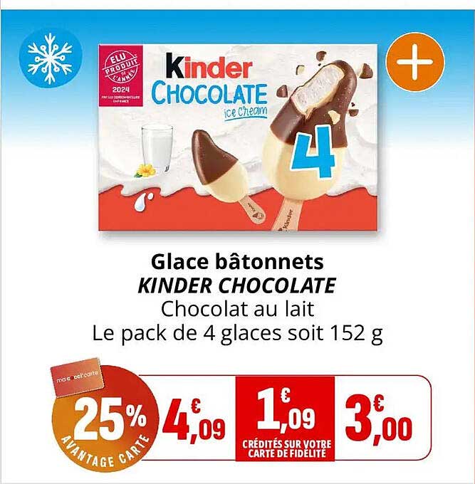 Glace bâtonnets KINDER CHOCOLATE Chocolat au lait Le pack de 4 glaces soit 152 g