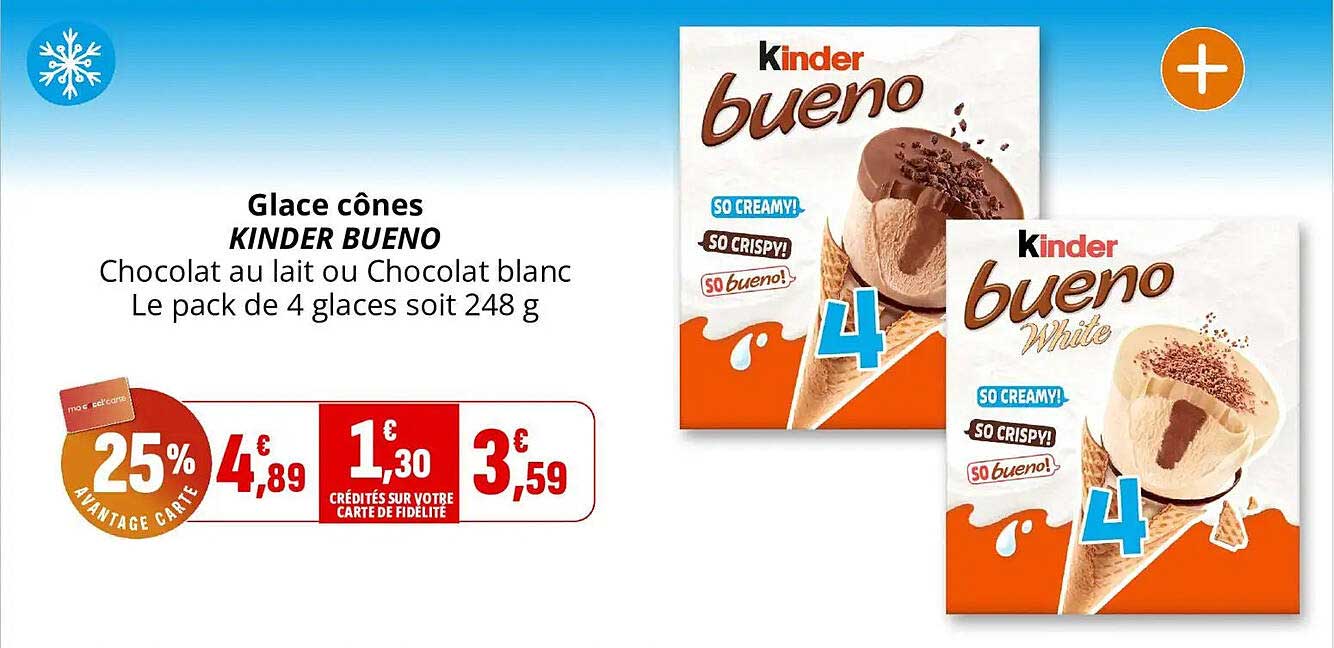 Glace cônes KINDER BUENO Chocolat au lait ou Chocolat blanc Le pack de 4 glaces soit 248 g