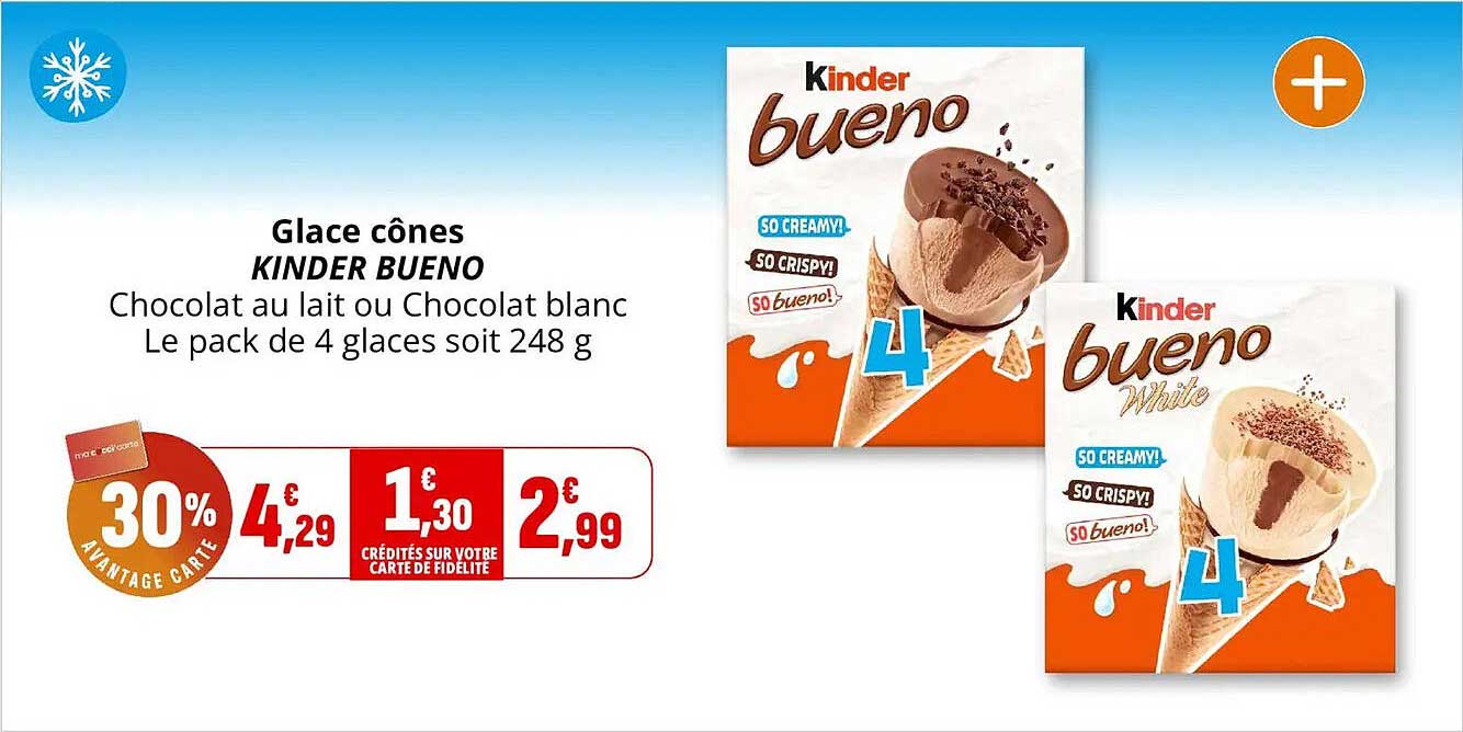 Glace cônes KINDER BUENO Chocolat au lait ou Chocolat blanc Le pack de 4 glaces soit 248 g